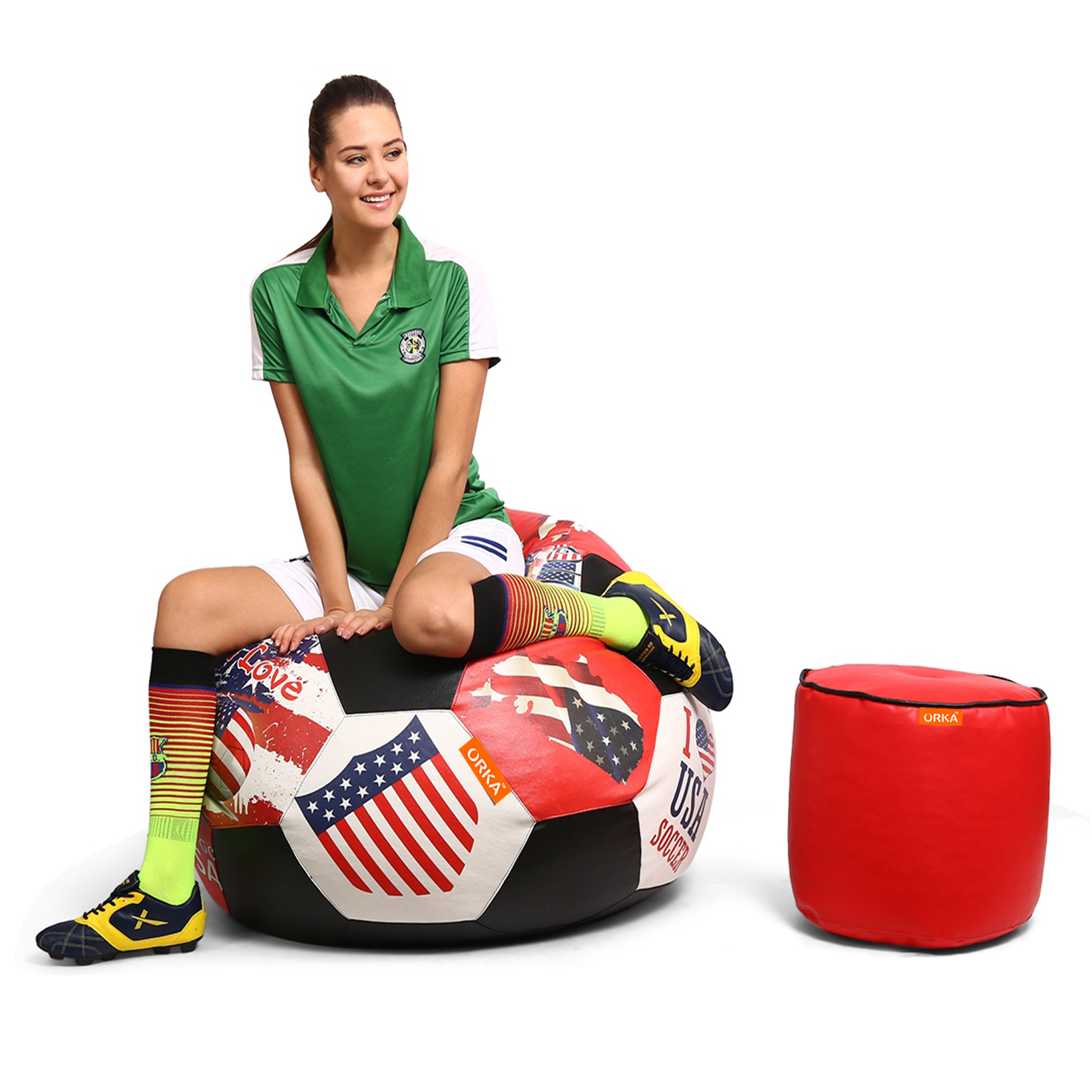 Orka Digital Printed XXXL Foorball With Mathching Footstool Filled Bean Bag With Beans (FB33 Multicolor)